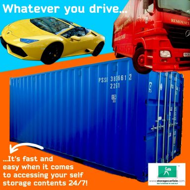 A collage featuring a yellow sports car, a red truck, and a blue shipping container.