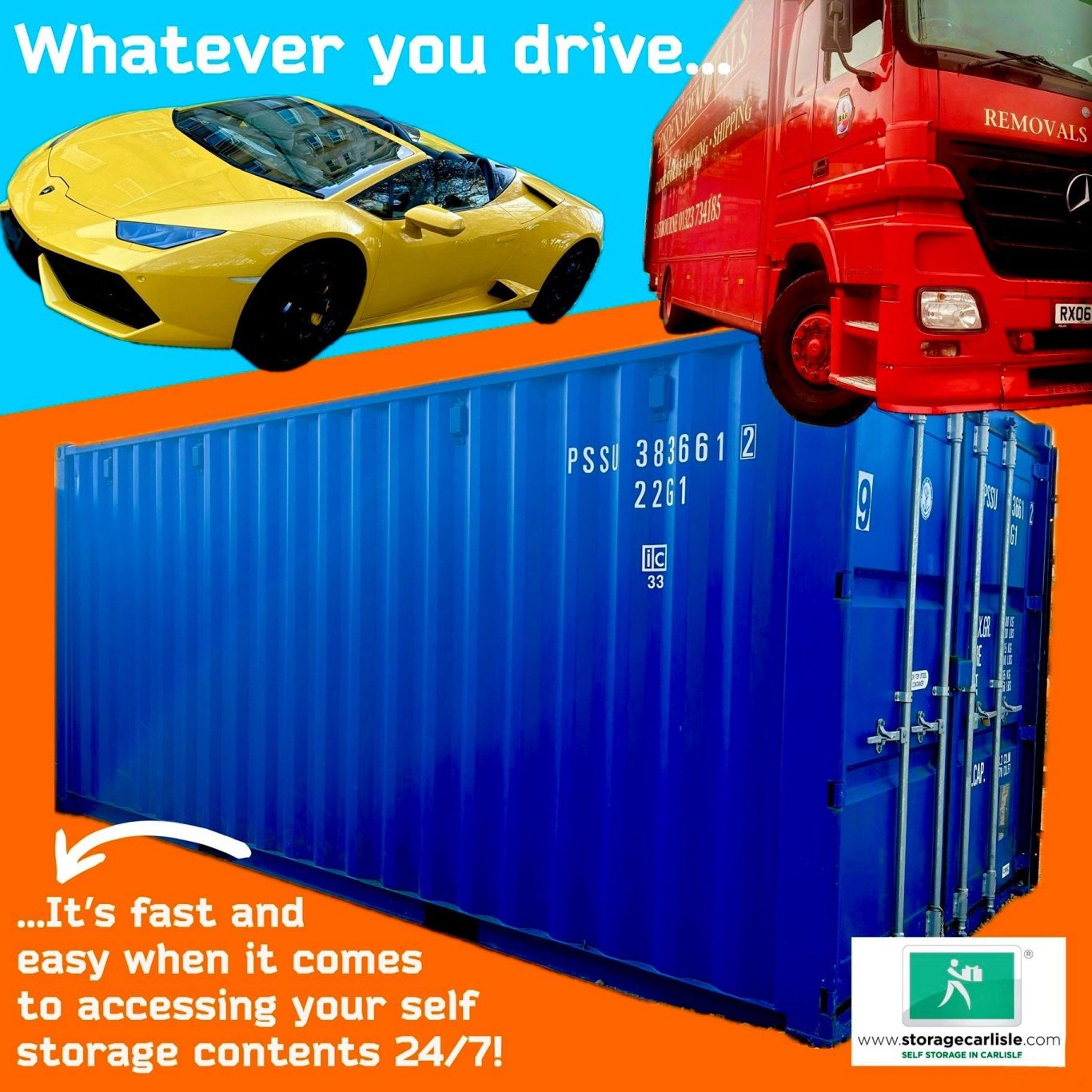 A yellow sports car, a red truck, and a blue shipping container on a vibrant background.