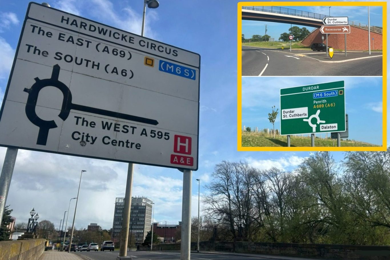 Carlisle Road sign indicating directions to the East, South, and City Centre.