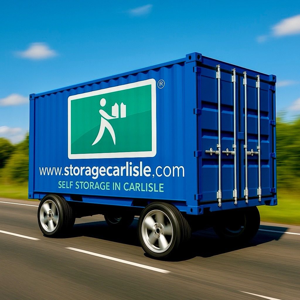 Information graphic showing a blue storage container on wheels driving on a road, featuring the www.storagecarlisle.com website URL.