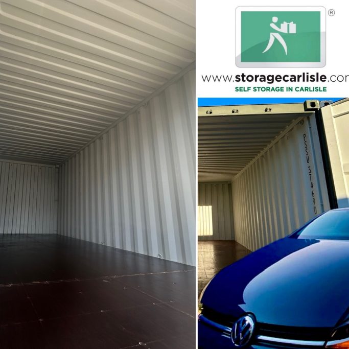 Interior of a storage container with a sleek car parked outside.