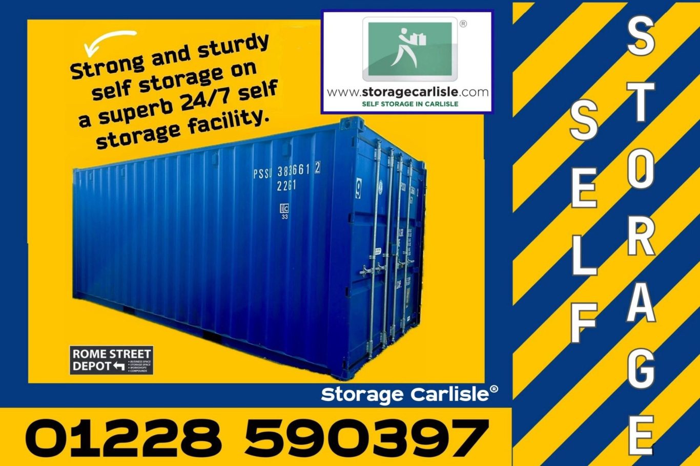 Strong and sturdy self-storage container with contact details and logo on a bright background.