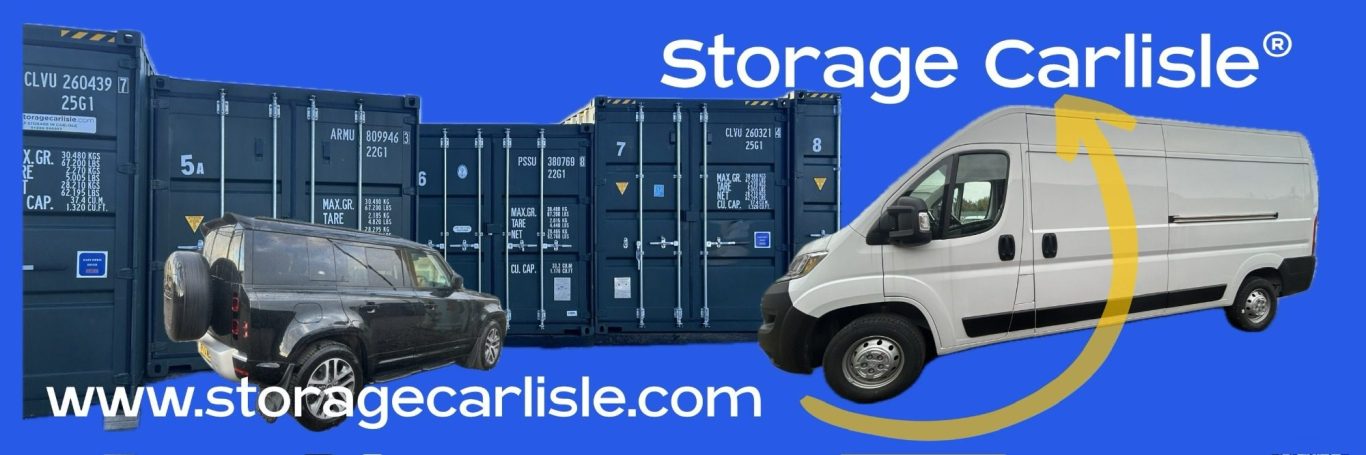 Storage facility with blue containers, a black van, and a white delivery vehicle.