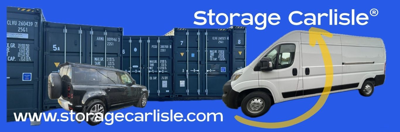 Van and storage containers with a blue background, promoting Storage Carlisle services.