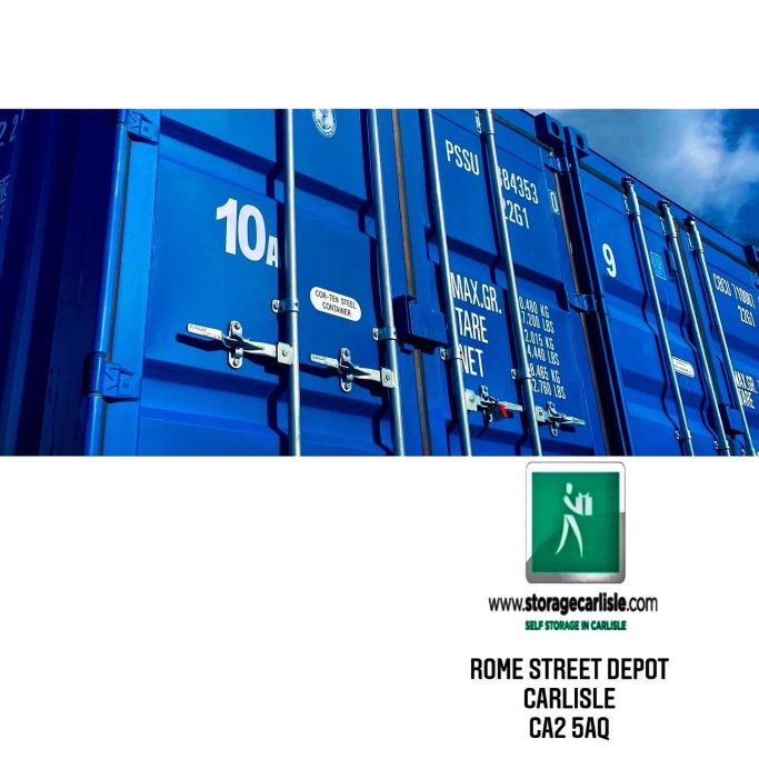 Blue self storage shipping containers with labels and locks, set against a clear sky.