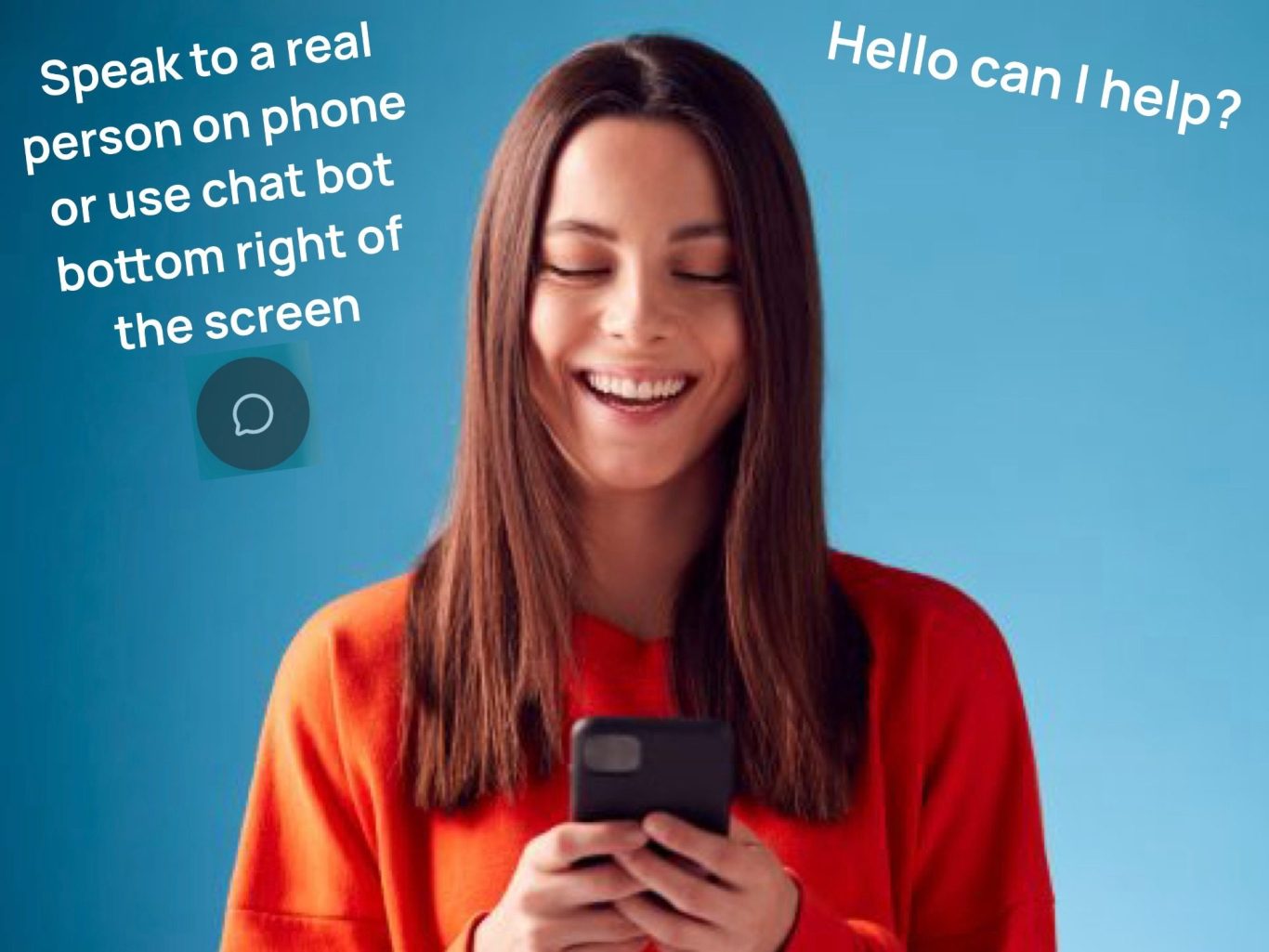 Smiling woman in red sweater using a phone against a blue background with help text.