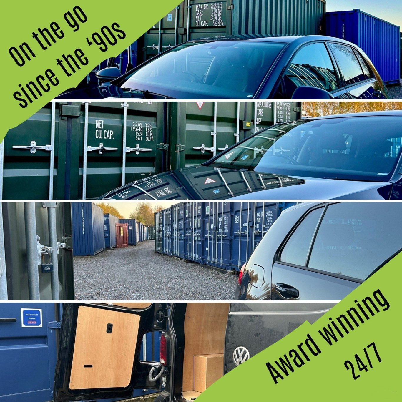 A collage of vehicles and storage shipping containers with text highlighting award-winning services.