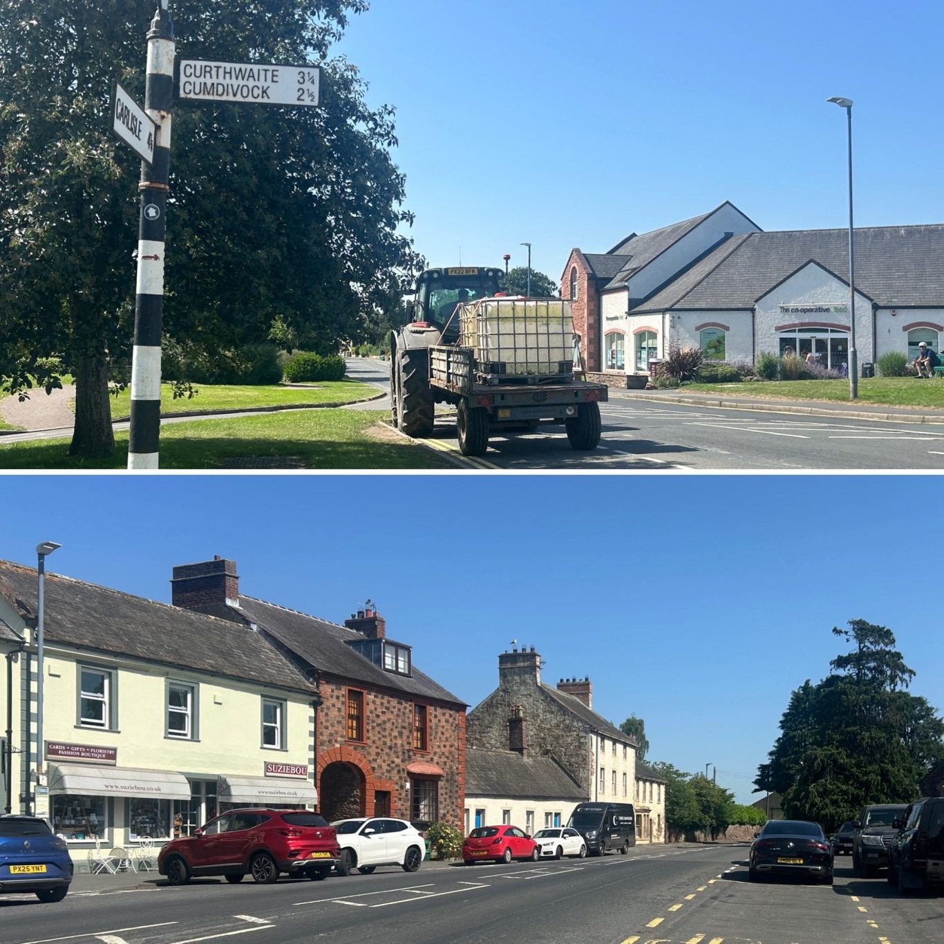 Tractor parked at a roundabout with shops and road signs nearby in the village of Dalston in Cumbria.