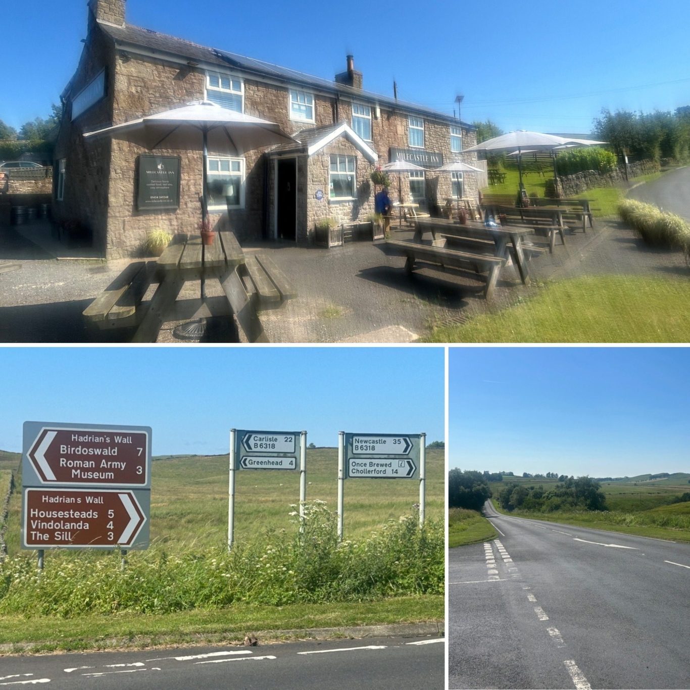 A countryside pub with outdoor seating, surrounded by greenery on the Hadrian's Wall route a few miles from Carlisle on the "Military" Road